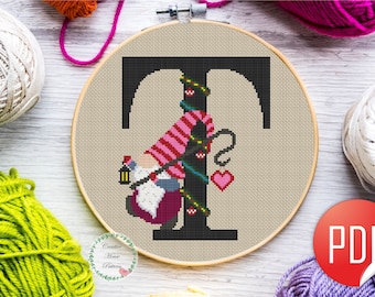 Letter T cross stitch pattern, christmas gnome cross stitch, counted cross stitch, alphabet embroidery, initial cross stitch, monogram t