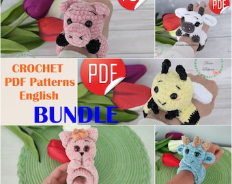 Crochet Slap Bracelet Pattern in English Bundle: Cow, Pig, Bee, Cat, Dragon (PDF Download)