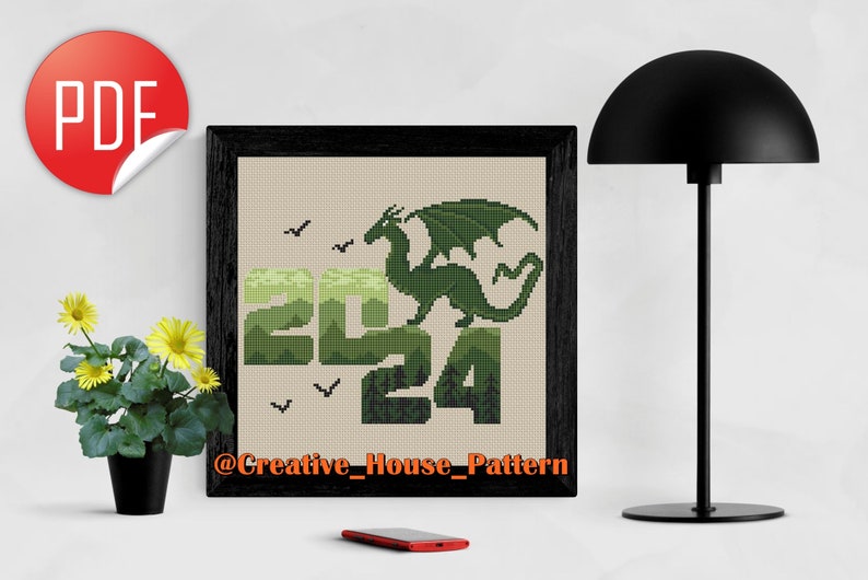 Dragon cross stitch pattern, 2024 Green Dragon Year cross stitch, instant PDF, dragon silhouette, green landscape cross stitch image 3