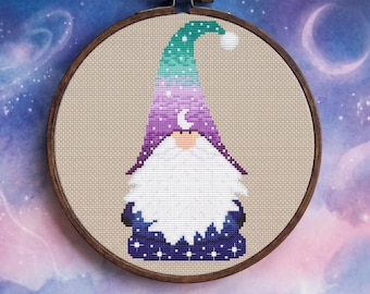 Christmas Gnome Starry Night Cross Stitch Pattern PDF Download | Festive Holiday Embroidery Design for DIY Winter Needlework Decor