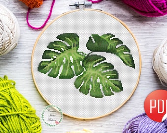 Monstera Leaf Cross Stitch Pattern: Tropical Plant (PDF Pattern)