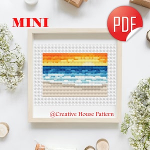 Ocean Mini Cross Stitch Pattern PDF, Sea Life Embroidery Design, Sunset Modern Coastal Counted Cross Stitch, DIY Nautical Decor Gift Idea