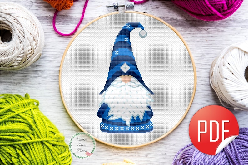 Gnome cross stitch pattern, modern counted cross stitch chart, fantasy cross stitch, Christmas embroidery, cute cross stitch, instant PDF image 1