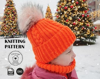 Kinder Strickmütze und Cowl Muster PDF, Zopfmuster Beanie Strickanleitung, Winter SET, Kinder Snood DIY