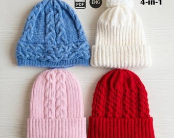 Knit Flat on Two Needles Hat Pattern Bundle, Easy Cable Winter Beanie 3-in-1 Set PDF