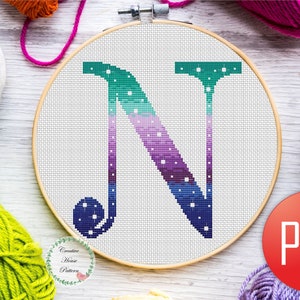 Letter N Starry Sky Cross Stitch Pattern PDF, Alphabet Night Sky Embroidery, Monogram Constellation Cross Stitch, Digital Download