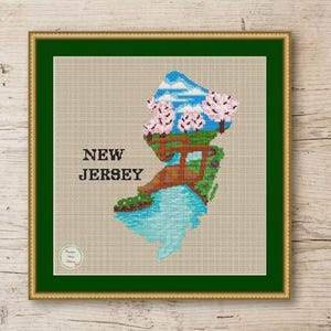 Wzór haftu krzyżykowego z New Jersey, mapa krajobrazu z kwitnącą wiśnią Sakura (do pobrania w formacie PDF)