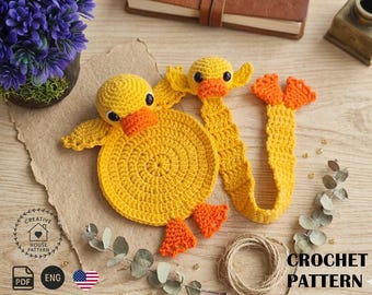 Duck Crochet Pattern Bundle: Duckling Coaster and Long Neck Bookmark Set (PDF English Tutorial)