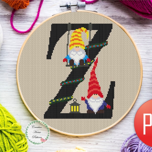 Letter Z cross stitch pattern, Сhristmas gnome, easy counted cross stitch chart, initial, gift, monogram z, alphabet embroidery, instant PDF