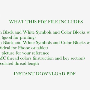 May include: A green text graphic on a white background that reads "WHAT THIS PDF FILE INCLUDES" and lists the contents of the PDF file. The contents include patterns in black and white symbols and color blocks with symbols on 4 sheets, patterns in black and white symbols and color blocks with symbols on 1 sheet, a complete picture for reference, a list of DMC thread colors, and a list of calculated thread length. The text also reads "INSTANT DOWNLOAD PDF".