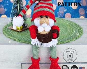 Christmas Gnome Crochet Pattern English with Coffee Mug and Marshmallows, Amigurumi Holiday Decor, Cute Winter DIY Crochet Tutorial Pattern