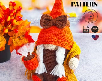 Autumn Gnome Girl Crochet Pattern PDF English, Fall Amigurumi Gnome with Pumpkin Cup, Cute Scandinavian Gnome Decor, Crochet Doll Pattern