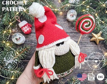 Christmas Gnome Crochet Pattern, Female Amigurumi Gnome with Candy, Holiday Ornament Tutorial PDF English