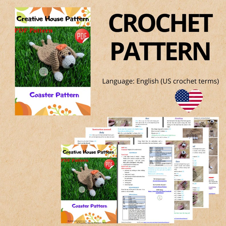 May include: A crochet pattern for a coaster shaped like a dog, with the text "CROCHET PATTERN" and "Coaster Pattern". The pattern is in English (US crochet terms). The image includes a PDF pattern and a finished coaster.