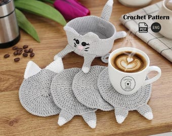 Cat coaster crochet pattern PDF English, cat crochet pattern, crochet coasters animals, amigurumi coaster pattern, coaster crochet pattern