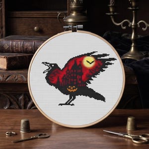 Gothic Raven Cross Stitch Pattern Haunted Castle Red Sky Embroidery Chart Spooky Crow Moon Silhouette Needlepoint Halloween PDF