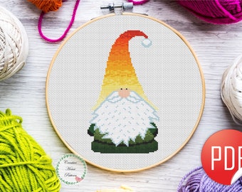 Gnome cross stitch pattern, modern counted cross stitch chart, cross stitch gift, easy christmas embroidery, sunset landscape, instant PDF