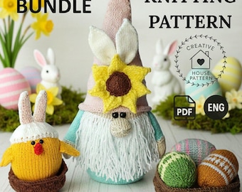 Easter Gnome Knitting Pattern Bundle with Eggs and Chick | Cute Spring Gnome PDF Pattern Set | DIY Easter Decor Knitted Toy Pattern
