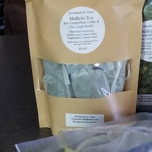 Mullein Tea with Lemon Balm, Lemon Grass & Peppermint. 10 Tea Bags. 2 to 3 uses per bag. Very good for the body.
