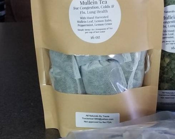 Mullein Tea with Lemon Balm, Lemon Grass & Peppermint. 10 Tea Bags. 2 to 3 uses per bag. Very good for the body.