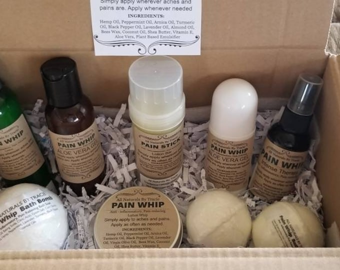 Hemp Pain Whip BIG Gift Box. Give someone a gift they will love! You get a Painstick, Lotion, Roll on, Whip, Oil and more