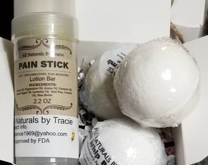 Hemp Pain Whip gift box. 1 Pain Stick and 3 med. Bath Bombs. Gift boxed, ready to go.