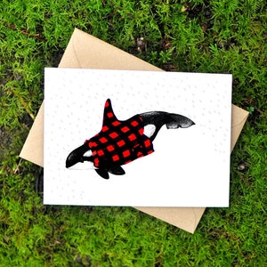 Carte de voeux orque en flanelle écossaise, côte ouest, PNW, bûcheron, hipster, carte d'art, cétacé, dessin, encre et aquarelle