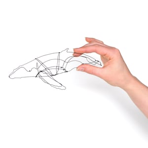May include: A wire sculpture of a humpback whale, with a hand holding the sculpture against a white background.