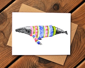 Winter Humpback Greeting Card, Whale, Seasonal, Christmas, Blank Card, Sweater Weather, Playful, Cozy, Colourful, Art by Natasha van Netten