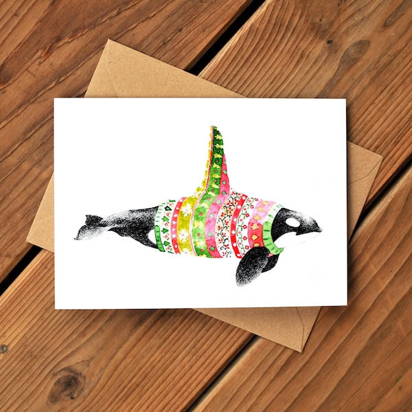 Winter Orca Card, Killer Whale, Sweater Weather, Cozy and Cute, Christmas Card, Seasonal, Colourful, Playful, Art by Natasha van Netten