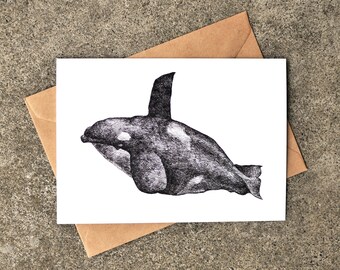 Orca Ink Drawing Greeting Card, Killer Whale, Whimsical, Black and White, West Coast, Any Occasion, Just Because, Art by Natasha van Netten