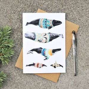 Carte de voeux météo avec pull, baleines douillettes, baleine à bosse, orque, illustrations à l'aquarelle et à l'encre de Natasha van Netten