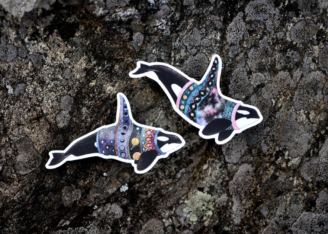 Set of 2 Space Orcas Wearing Galaxy and Lunar Sweaters, Stickers, Vinyl ...