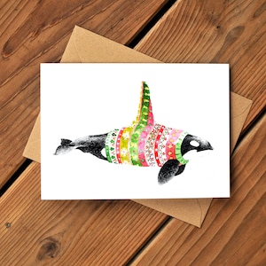 Winter Orca Card, Killer Whale, Sweater Weather, Cozy and Cute, Christmas Card, Seasonal, Colourful, Playful, Art by Natasha van Netten