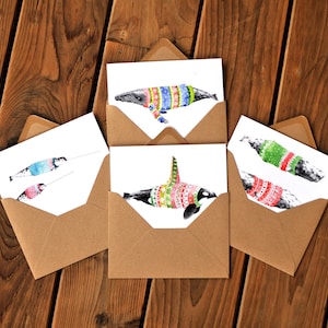 Set of four Cozy Winter Sweater Orca Greeting Cards, Orca, Humpback, Sperm Whale, Narwhal, Christmas Card, Art by Natasha van Netten
