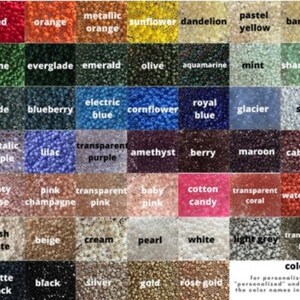 May include: A chart of 60 different colors of beads, with each color labeled with a descriptive name. The colors are arranged in rows and columns, and the chart is labeled "colors".