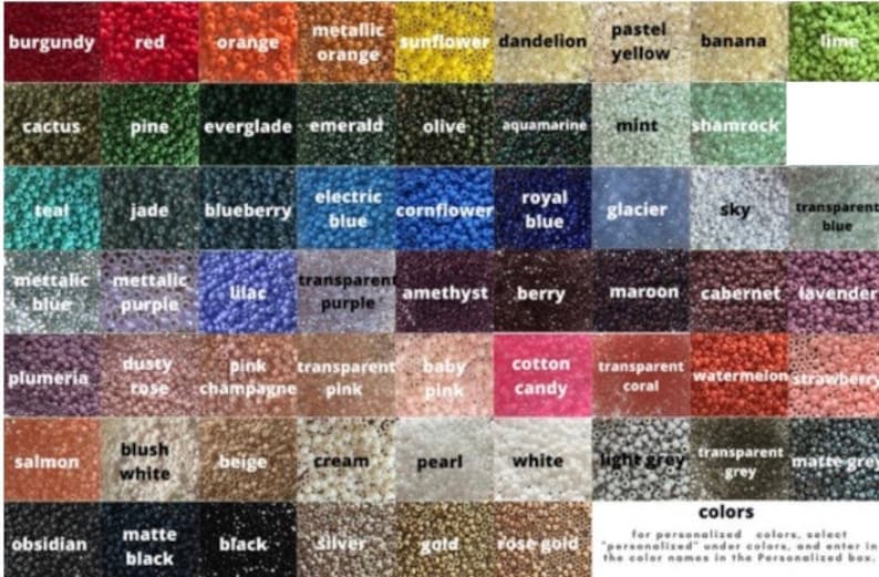 May include: A chart of 60 different colors of beads, with each color labeled with a descriptive name. The colors are arranged in rows and columns, and the chart is labeled "colors".