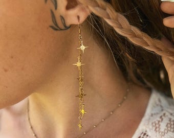 May include: A gold-toned dangle earring featuring a series of delicate chains adorned with multiple four-pointed star charms. The earring hangs from a simple hook wire. A thin gold-toned necklace with a small cross pendant is also visible.