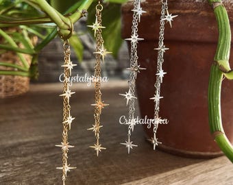 Long Dangle Drop Star Earrings • 14K Gold Plated, Silver Celestial Earrings • Gift for Her