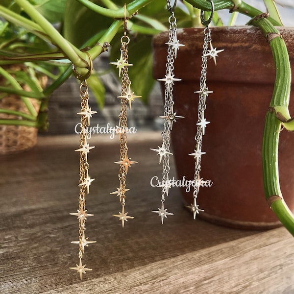 Long Dangle Drop Star Earrings • 14K Gold Plated, Silver Celestial Earrings • Gift for Her