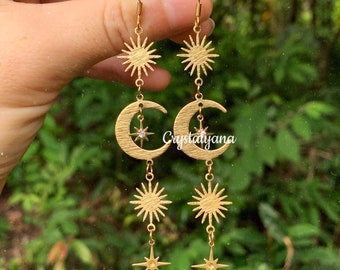 Sun and Moon Earrings with Cubic Zirconia Crystals | Dangle Drop Earrings | Hippie Boho Jewelry