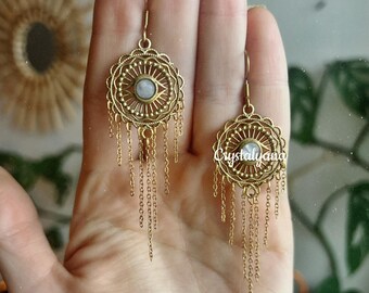 Orecchini Boho con occhio di Allah / Orecchini con catena a nappine e pietre preziose / Labradorite, pietra di luna, ametista, occhio di tigre, onice