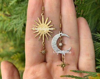 Sun & Moon Earrings • Mixed Metal Asymmetrical Mismatched Earrings • Hypoallergenic Celestial Lightweight Jewelry Gift