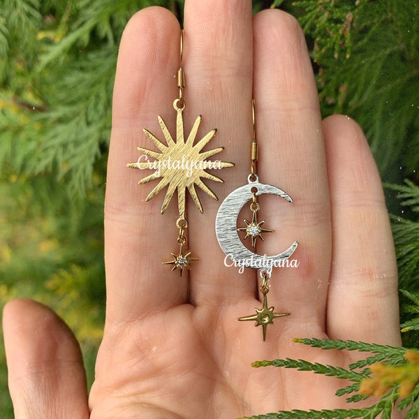 Sun & Moon Earrings • Mixed Metal Asymmetrical Mismatched Earrings • Hypoallergenic Celestial Lightweight Jewelry Gift