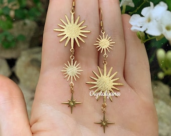 Asymmetrical Mismatched Celestial Sunburst Sun Earrings | Dangle Drop Boho Earrings | Witchy Wiccan Earrings | Hypoallergenic