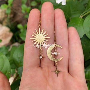 Sun & Moon Earrings | Mismatched Celestial Dangle Drop Earrings | Summer Festival Earrings | Hypoallergenic Jewelry with Zirconia Crystals
