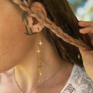Long Dangle Drop Star Earrings • 14K Gold Plated, Silver Celestial Earrings • Gift for Her