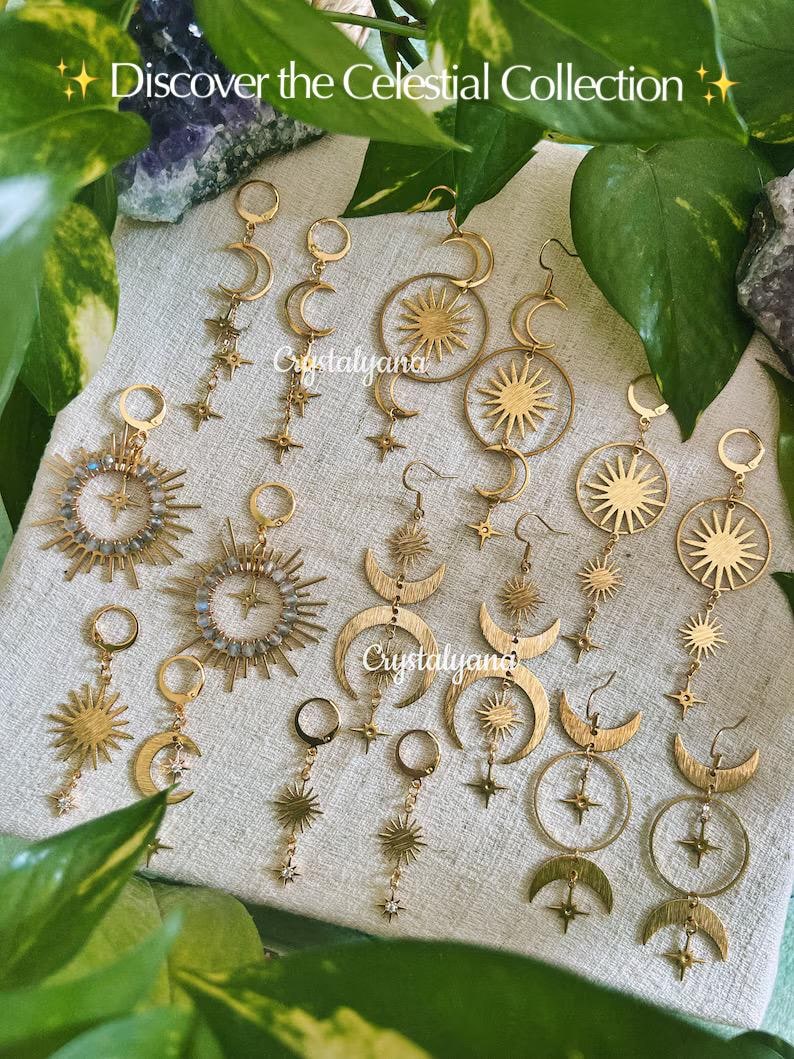 Orecchini a raggiera dorati con cristalli di pietra di luna / Orecchini boho fatti a mano con pietra portafortuna / Regalo per lei immagine 5