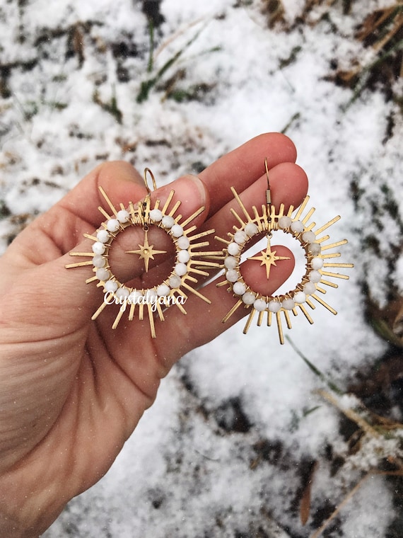 Gold Sunburst Earrings with Moonstone Crystals | Handmade Bohemian Earrings | Gift for Her