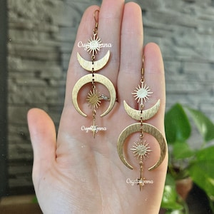 Crescent Moon Earrings • Gold or Silver • Dangle Drop Earrings • Witchy Jewelry • Bohemian • Hypoallergenic • Gift for Her | Sold as Pair